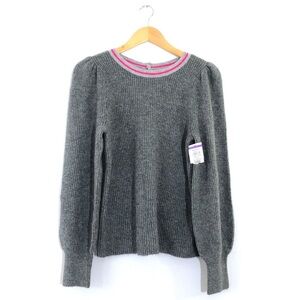 Halogen Gray Pink Ribbed Long Balloon Sleeve Knit Sweater Button Up Back S